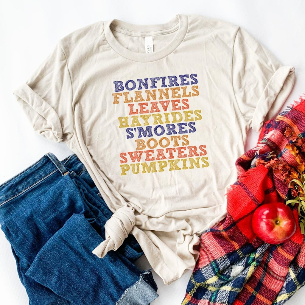 Bonfires Flannels Leaves Hayrides S'mores Boots Sweaters Pumpkins Shirt Fall Shirt-shirt-Simply September